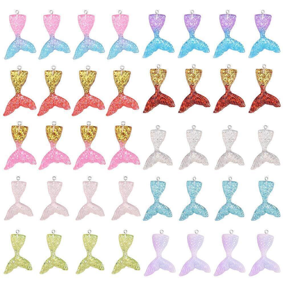 4124 40Pcs Resin Mermaid Tail Charms Flatback Charm Pendants with Glitter